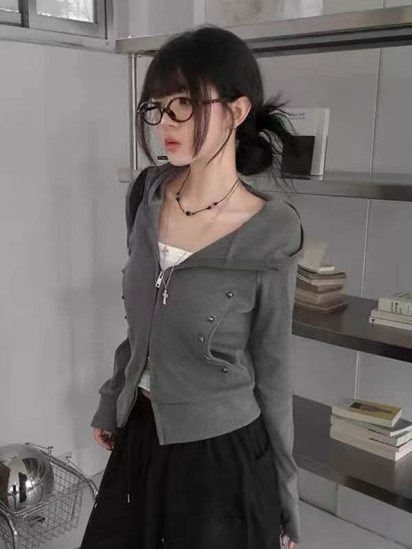 리브 면 아메리칸 레트로 징 몸매 가꾸기 지퍼 짧은 여성 코트 디자인 센스 검정색 오픈 가디건 후드티 트렌디 상세 이미지 3