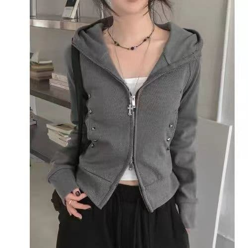 리브 면 아메리칸 레트로 징 몸매 가꾸기 지퍼 짧은 여성 코트 디자인 센스 검정색 오픈 가디건 후드티 트렌디 상세 이미지 4