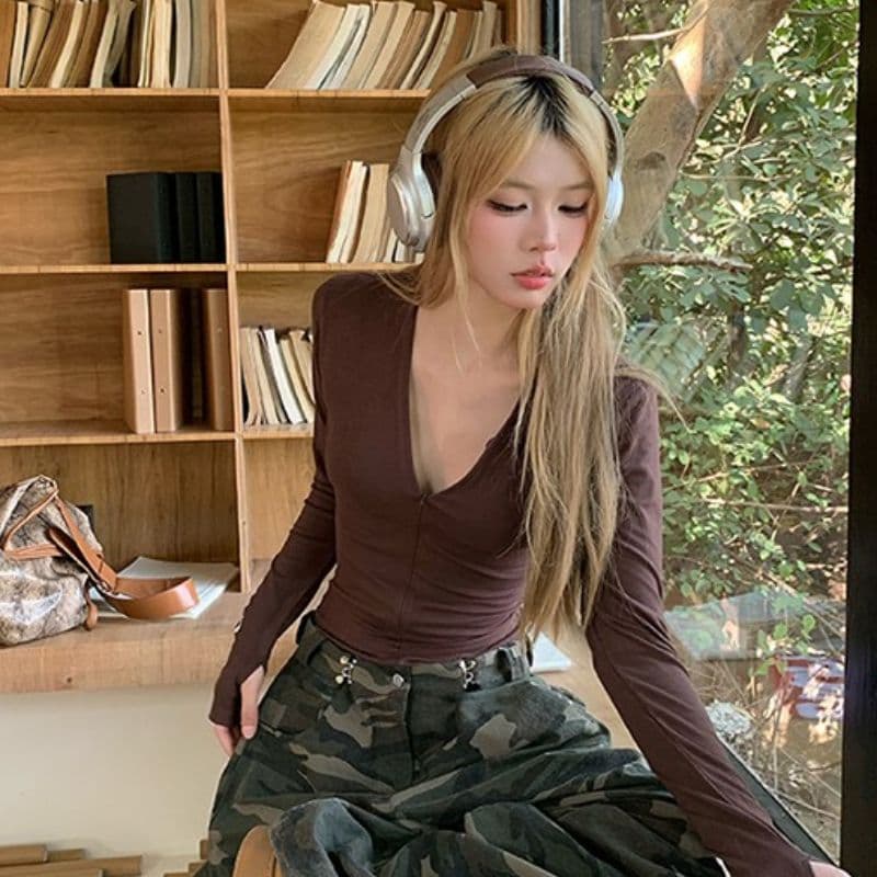 모방 면 리브 아메리칸 몸매 가꾸기 슬림해 보이는 긴팔 소매 커버 프린트 다용도 티셔츠 여성 핫걸 디자인 센스 쇼트 스타일 맨위 이미지 3