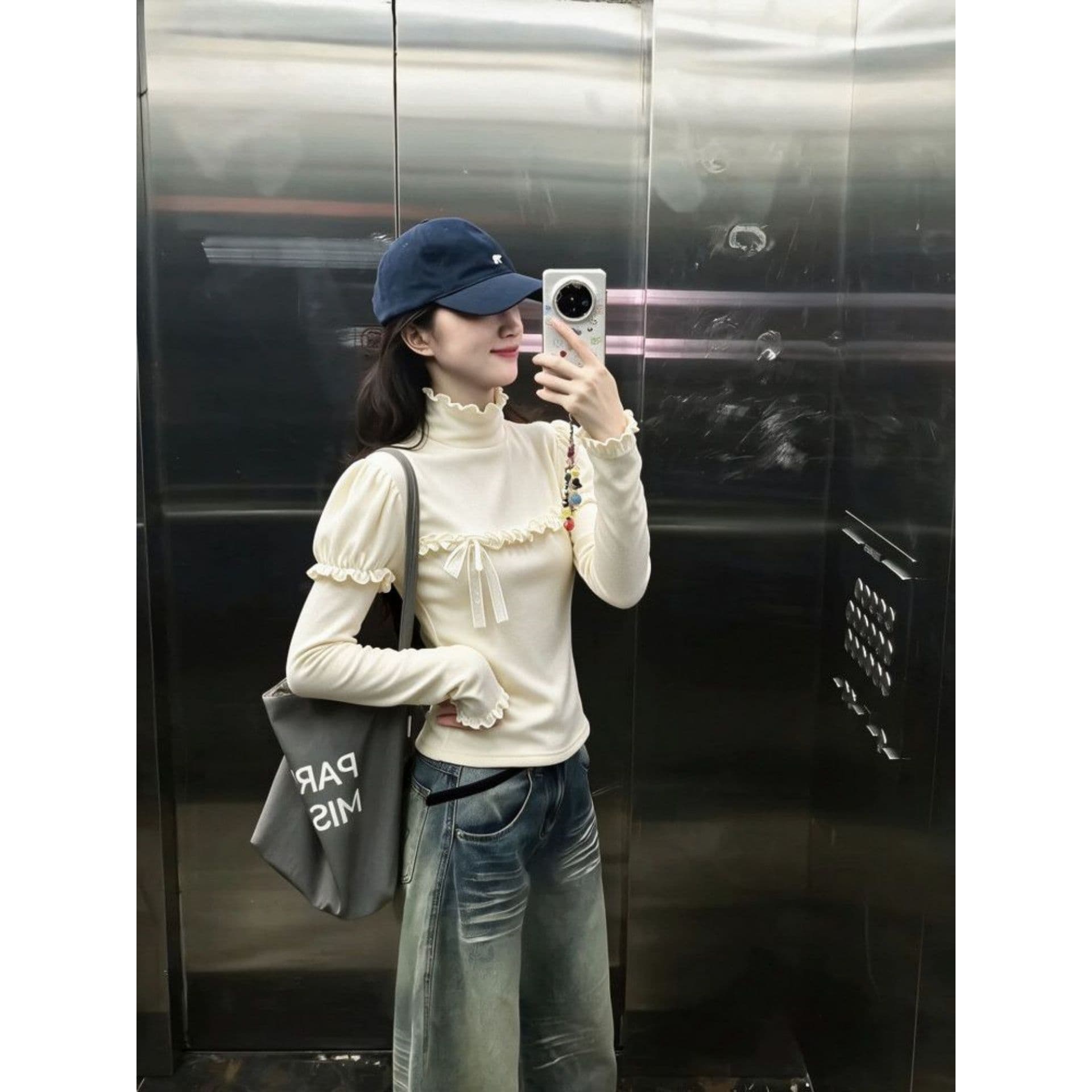 광저우 리브 De 플러시 270 그램 1 1 반하이넥 프릴 긴팔 티셔츠 나비 매듭 맨위