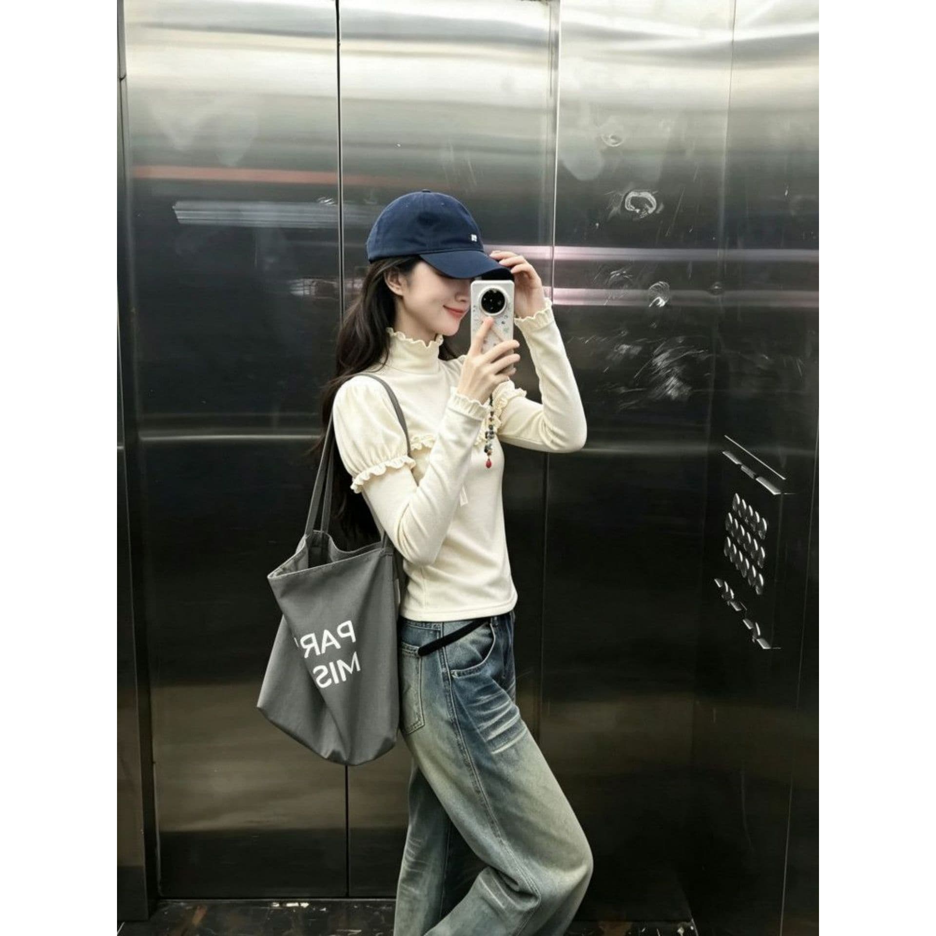 광저우 리브 De 플러시 270 그램 1 1 반하이넥 프릴 긴팔 티셔츠 나비 매듭 맨위 이미지 3