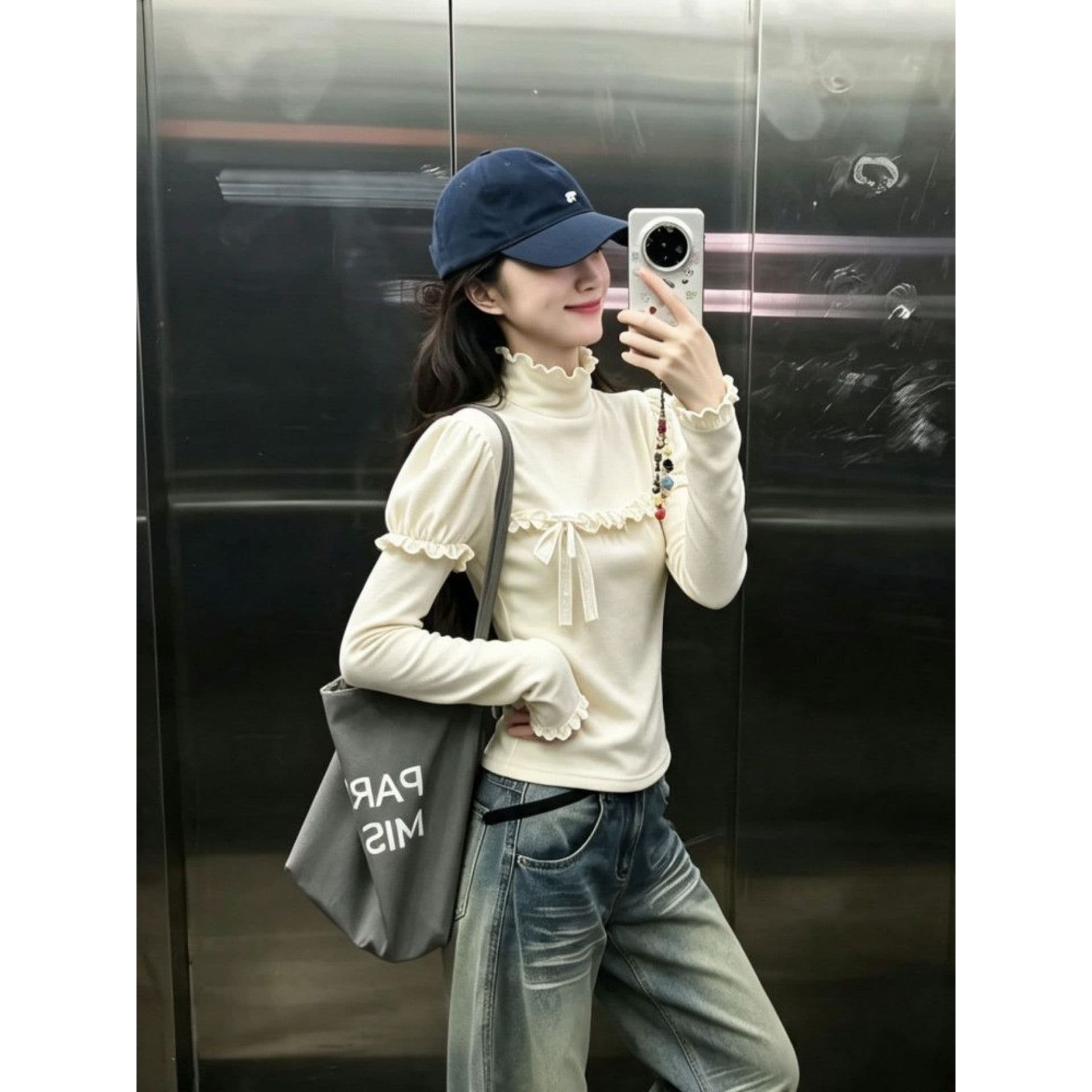 광저우 리브 De 플러시 270 그램 1 1 반하이넥 프릴 긴팔 티셔츠 나비 매듭 맨위 이미지 4