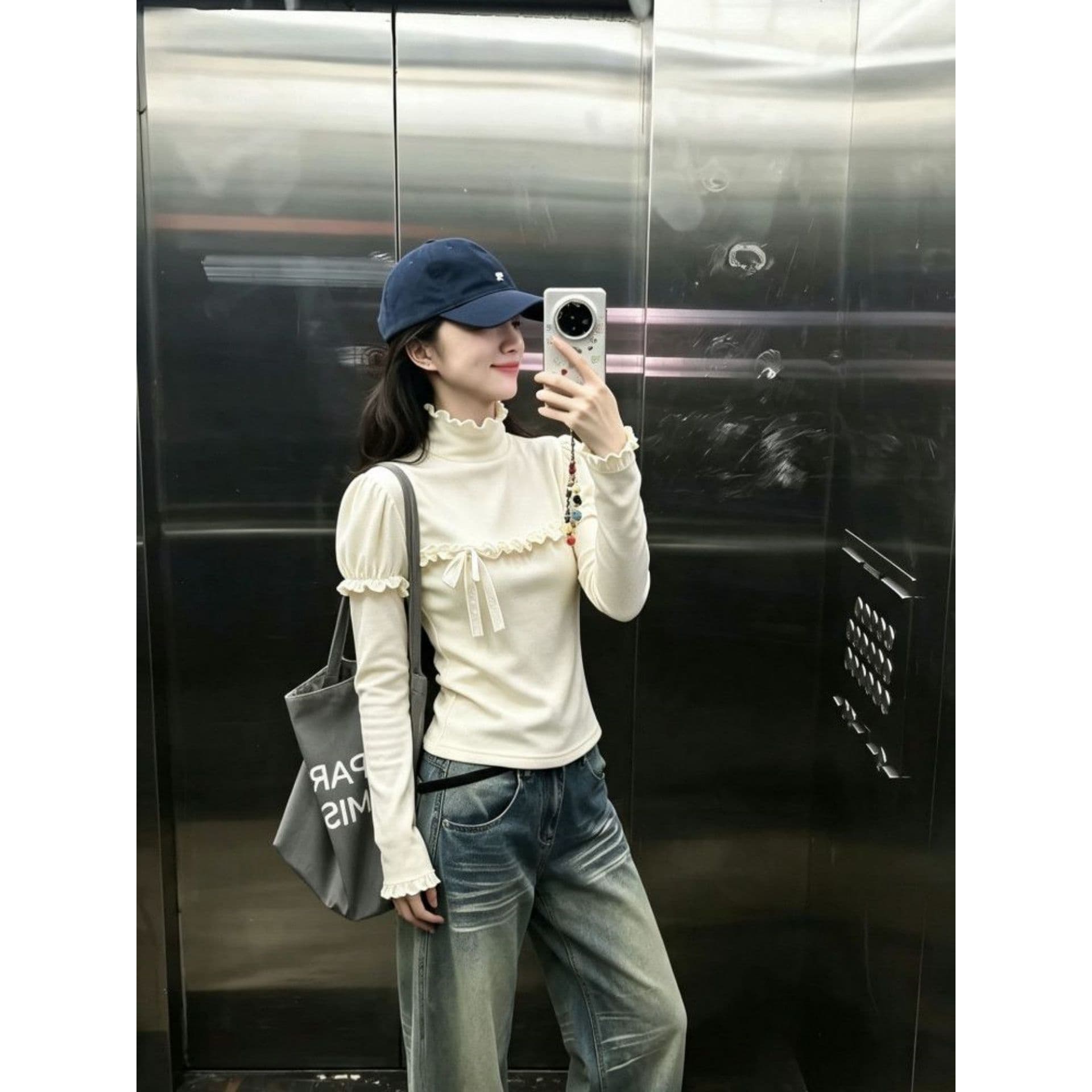 광저우 리브 De 플러시 270 그램 1 1 반하이넥 프릴 긴팔 티셔츠 나비 매듭 맨위 이미지 5