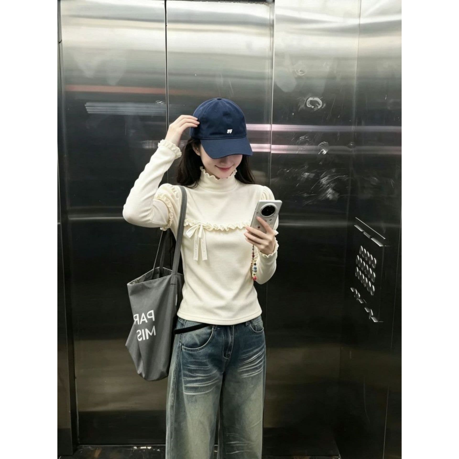 광저우 리브 De 플러시 270 그램 1 1 반하이넥 프릴 긴팔 티셔츠 나비 매듭 맨위 이미지 2
