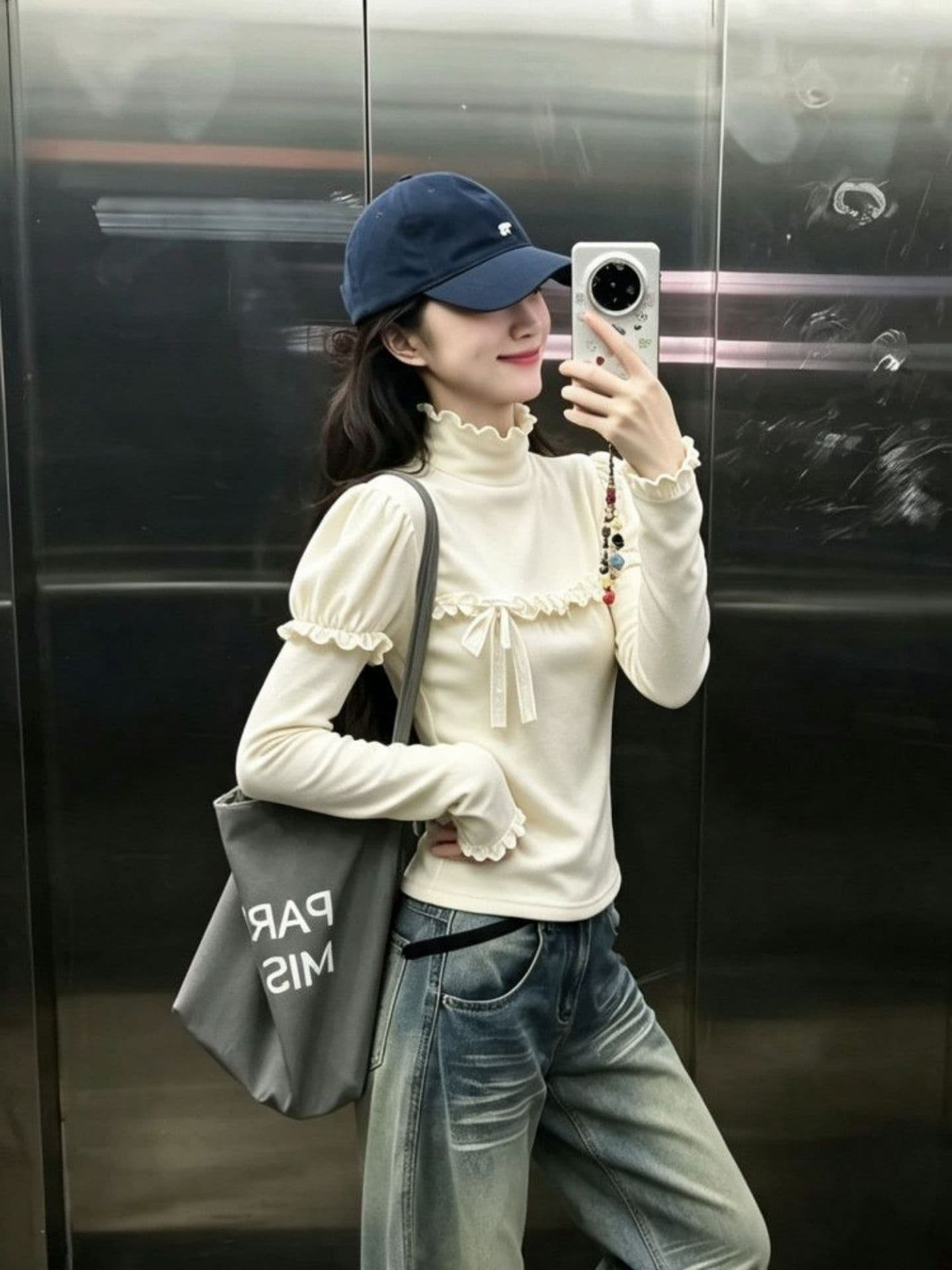 광저우 리브 De 플러시 270 그램 1 1 반하이넥 프릴 긴팔 티셔츠 나비 매듭 맨위 상세 이미지 4