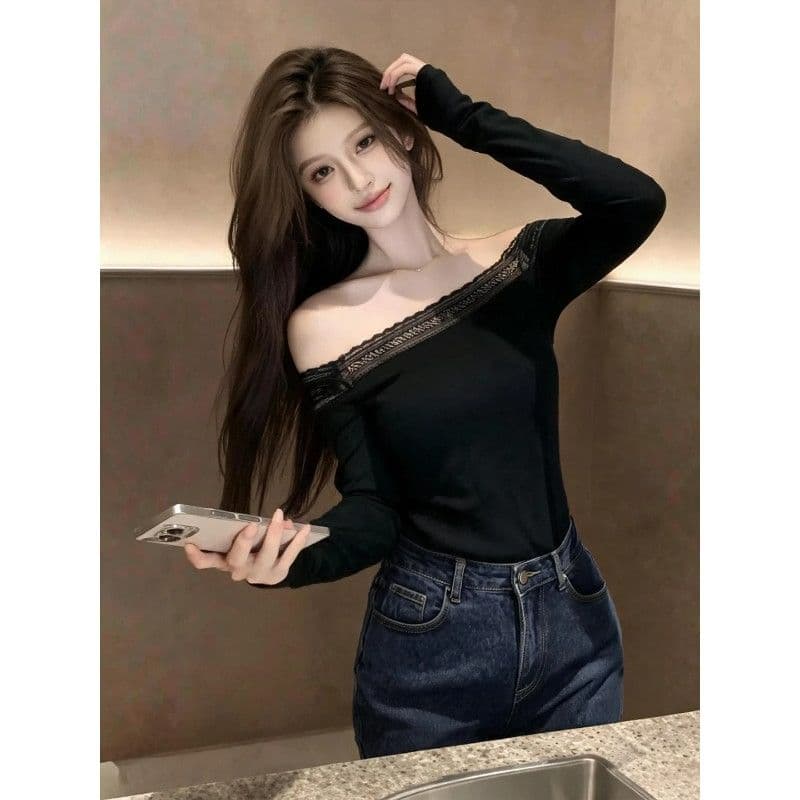 품격 아름다운 레이스 조각 오프숄더 검정색 긴팔 티셔츠 이른 가을 여성 인사이드 가져 가라. 기본 셔츠 꼬집기 허리 위로 의류 이미지 3