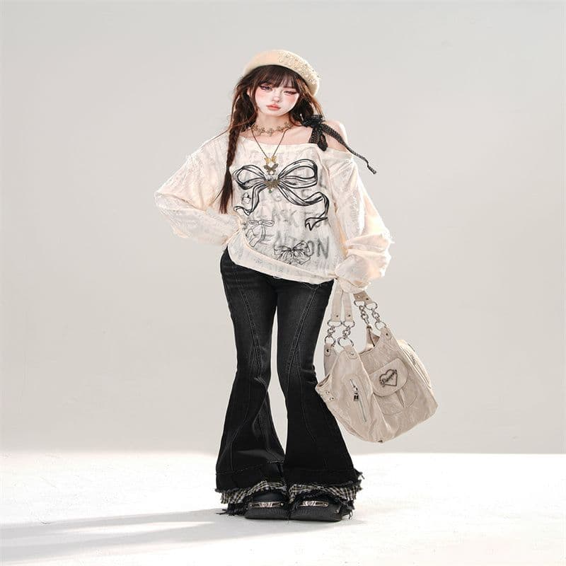 한 부서 느긋한 나비 프린트 비스듬한 어깨 의류 여성 봄 새로운 달콤한 핫걸 Chic 루즈핏 슬림해 보이는 긴팔 티셔츠 상세 이미지 24