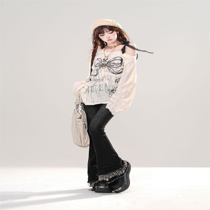 한 부서 느긋한 나비 프린트 비스듬한 어깨 의류 여성 봄 새로운 달콤한 핫걸 Chic 루즈핏 슬림해 보이는 긴팔 티셔츠 상세 이미지 27
