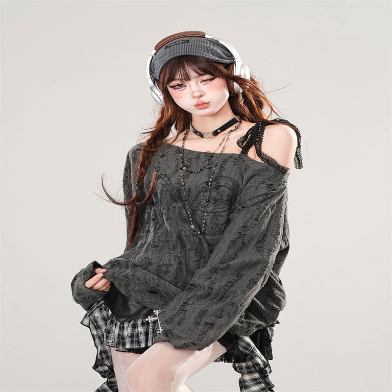 한 부서 느긋한 나비 프린트 비스듬한 어깨 의류 여성 봄 새로운 달콤한 핫걸 Chic 루즈핏 슬림해 보이는 긴팔 티셔츠 상세 이미지 32