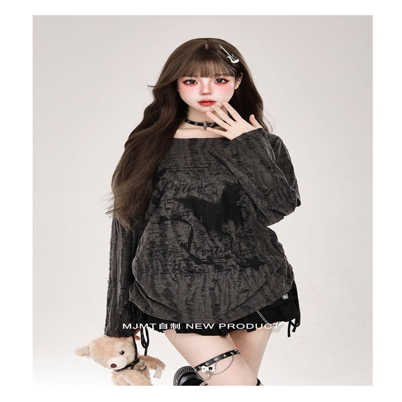 불모지 바람 나비 프린트 찢어진 부분 블라우스 여성 가을 얇은 스타일 디자인 센스 느긋한 바람 루즈핏 긴팔 티셔츠 맨위