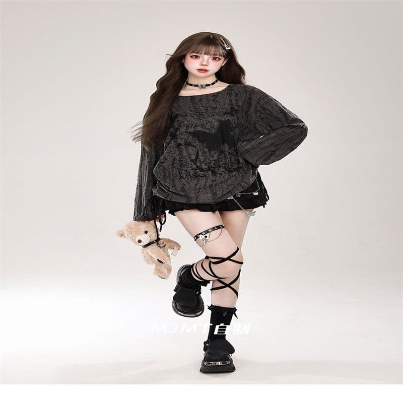 불모지 바람 나비 프린트 찢어진 부분 블라우스 여성 가을 얇은 스타일 디자인 센스 느긋한 바람 루즈핏 긴팔 티셔츠 맨위 상세 이미지 1