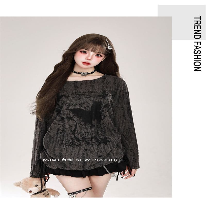 불모지 바람 나비 프린트 찢어진 부분 블라우스 여성 가을 얇은 스타일 디자인 센스 느긋한 바람 루즈핏 긴팔 티셔츠 맨위 상세 이미지 3
