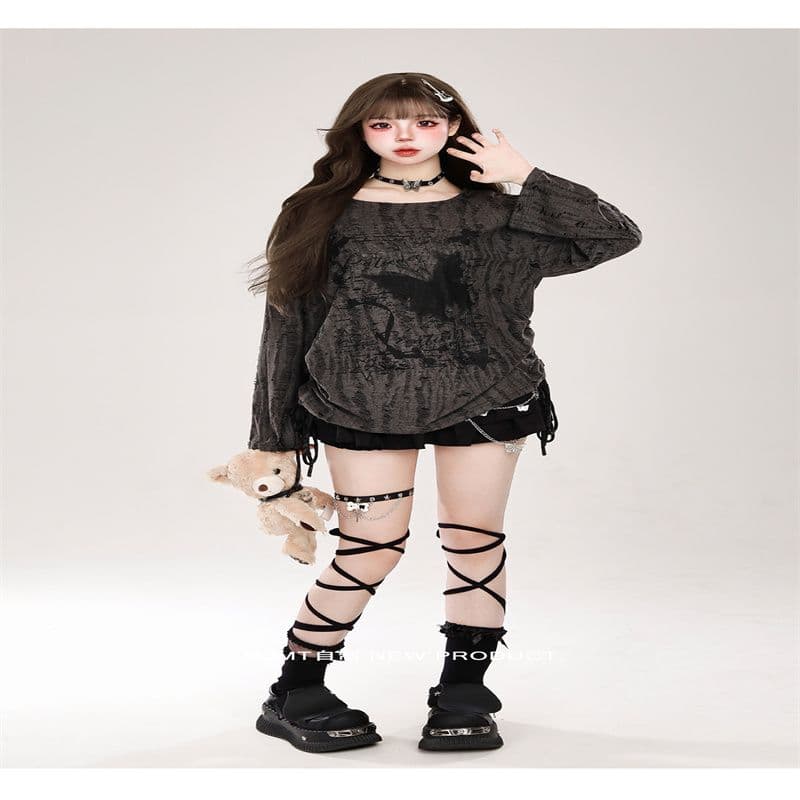불모지 바람 나비 프린트 찢어진 부분 블라우스 여성 가을 얇은 스타일 디자인 센스 느긋한 바람 루즈핏 긴팔 티셔츠 맨위 상세 이미지 4