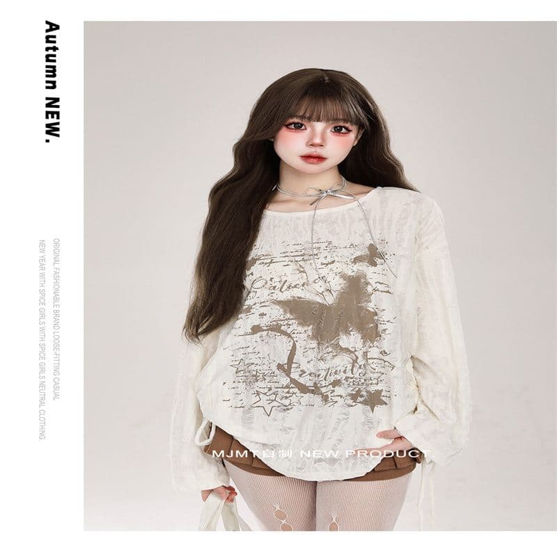 불모지 바람 나비 프린트 찢어진 부분 블라우스 여성 가을 얇은 스타일 디자인 센스 느긋한 바람 루즈핏 긴팔 티셔츠 맨위 상세 이미지 7