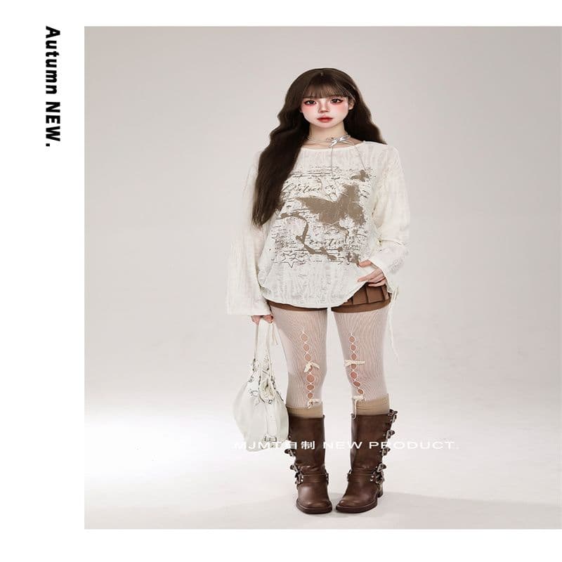 불모지 바람 나비 프린트 찢어진 부분 블라우스 여성 가을 얇은 스타일 디자인 센스 느긋한 바람 루즈핏 긴팔 티셔츠 맨위 상세 이미지 10