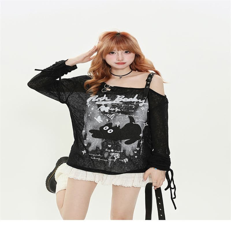 느긋한 바람 새끼 고양이 낙서 긴팔 티셔츠 여자 여름 이문화 캐주얼 자외선 차단 얇은 스타일 블라우스 맨위 상세 이미지 12