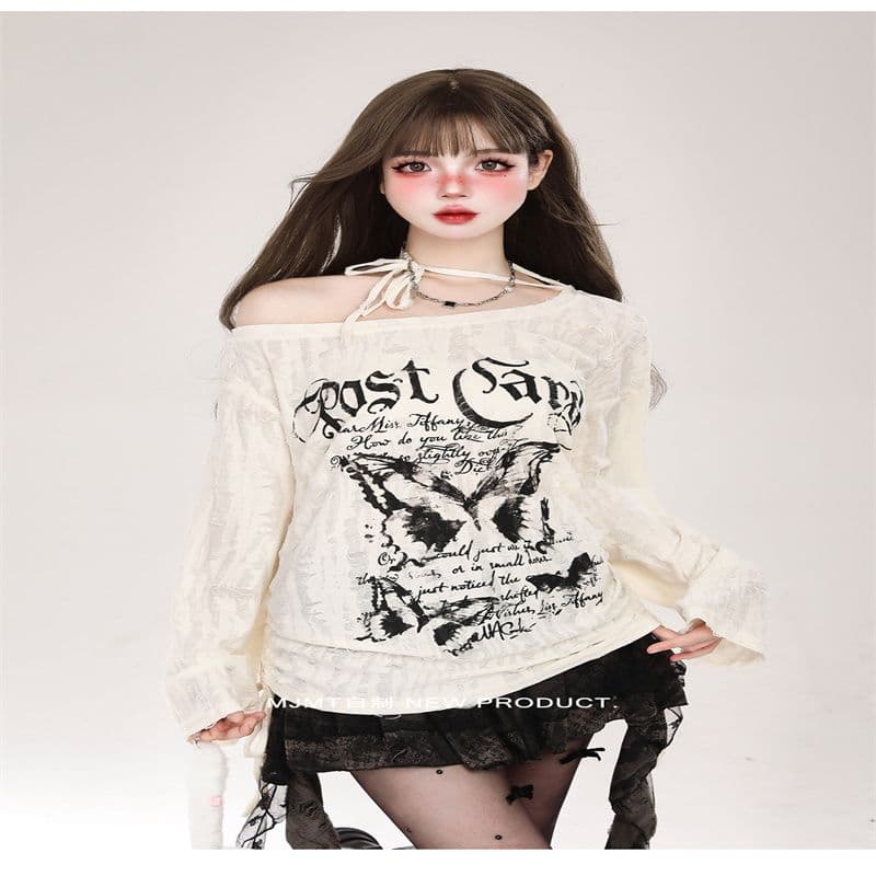 핫걸 오프숄더 나비 느긋한 긴팔 티셔츠 맨위 여성 2025 여름 새로운 루즈핏 bf 비스듬한 칼라 자외선 차단 블라우스 상세 이미지 3