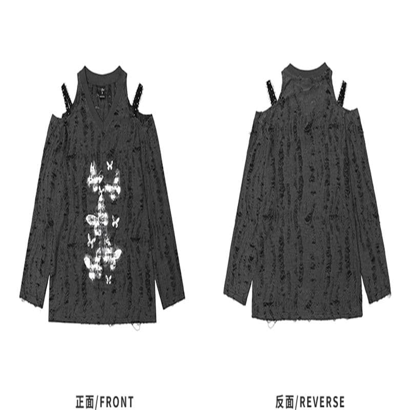 국가 트렌디 아메리칸 달콤한 차가운 핫걸 비스듬한 어깨 블라우스 여성 느긋한 오프숄더 티셔츠 찢어진 부분 태양 보호 셔츠 루즈핏 긴팔 맨위 상세 이미지 3