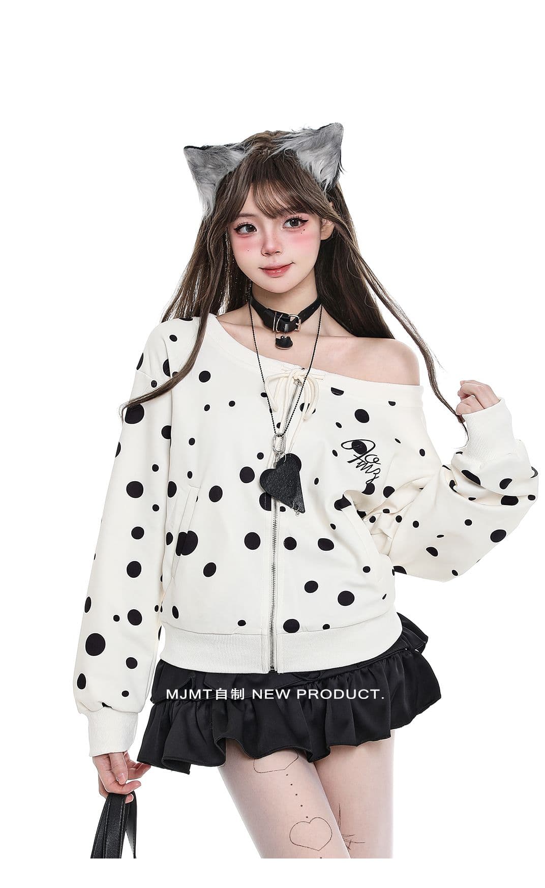 아메리칸 달콤한 차가운 느긋한 chic 도트 무늬 오프숄더 후드티 여성 이른 가을 착용 가져 가라. 순수한 욕망 바람 스트랩 캐주얼 지퍼 맨위 이미지 3