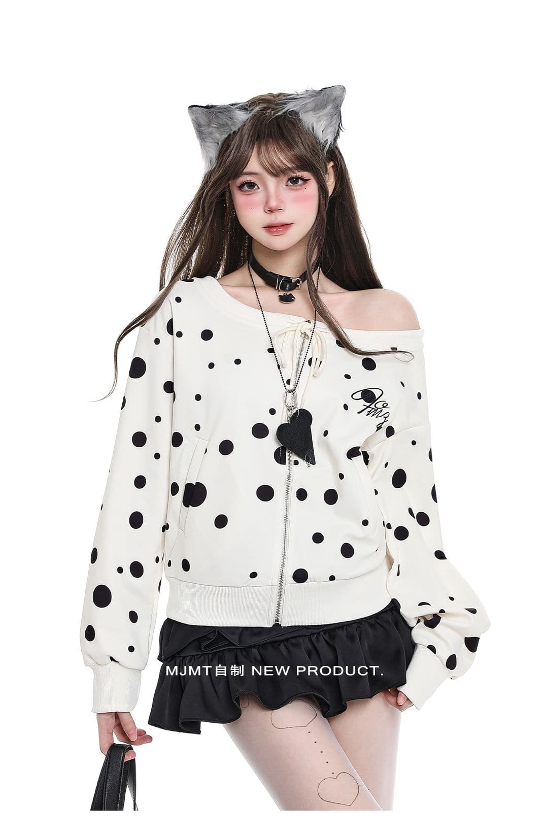 아메리칸 달콤한 차가운 느긋한 chic 도트 무늬 오프숄더 후드티 여성 이른 가을 착용 가져 가라. 순수한 욕망 바람 스트랩 캐주얼 지퍼 맨위 상세 이미지 3