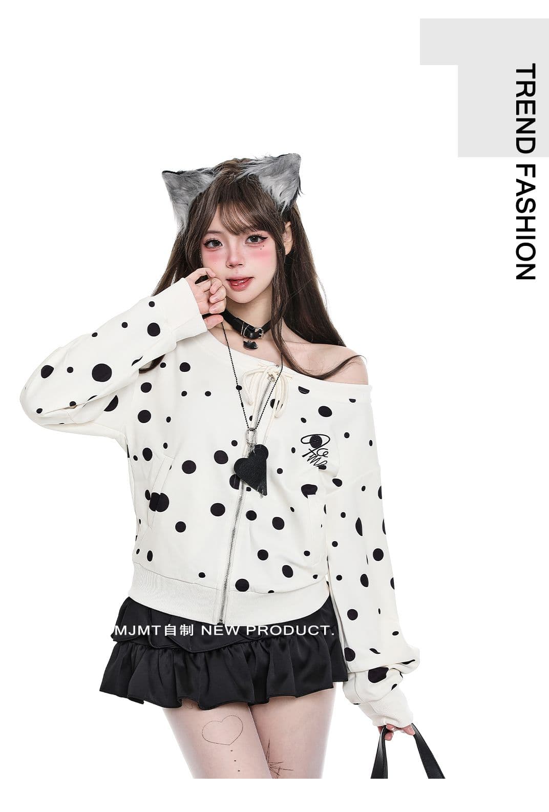 아메리칸 달콤한 차가운 느긋한 chic 도트 무늬 오프숄더 후드티 여성 이른 가을 착용 가져 가라. 순수한 욕망 바람 스트랩 캐주얼 지퍼 맨위 상세 이미지 4