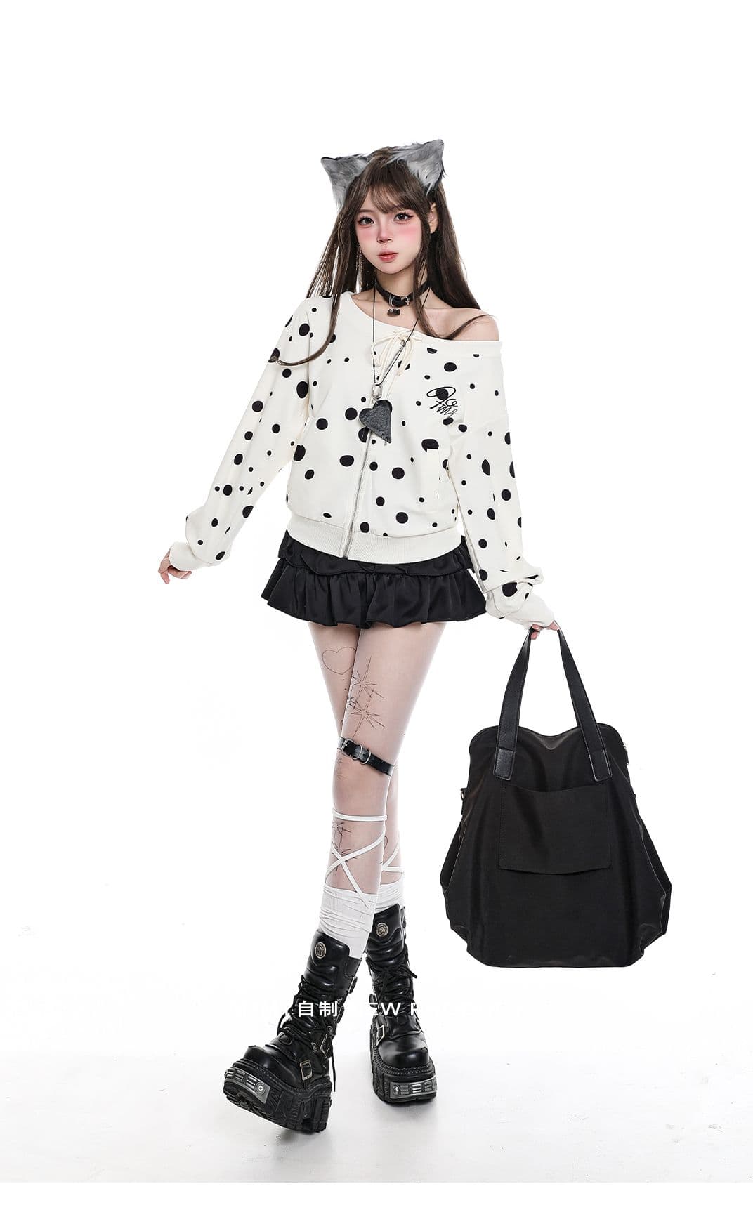 아메리칸 달콤한 차가운 느긋한 chic 도트 무늬 오프숄더 후드티 여성 이른 가을 착용 가져 가라. 순수한 욕망 바람 스트랩 캐주얼 지퍼 맨위 상세 이미지 5