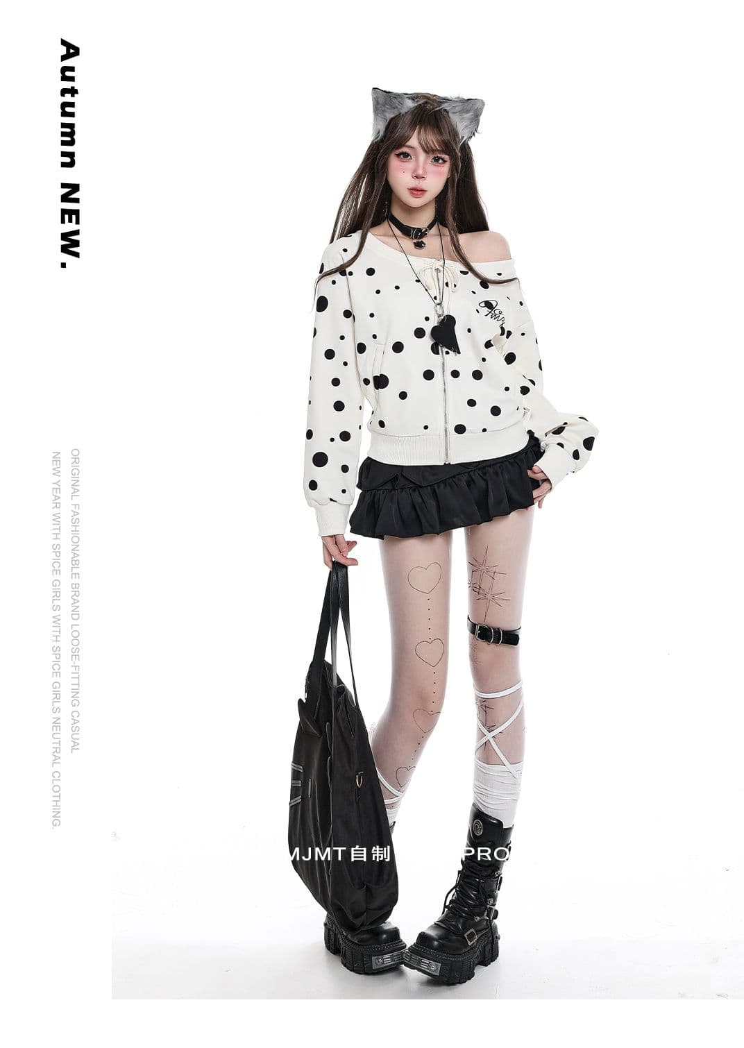 아메리칸 달콤한 차가운 느긋한 chic 도트 무늬 오프숄더 후드티 여성 이른 가을 착용 가져 가라. 순수한 욕망 바람 스트랩 캐주얼 지퍼 맨위 상세 이미지 8