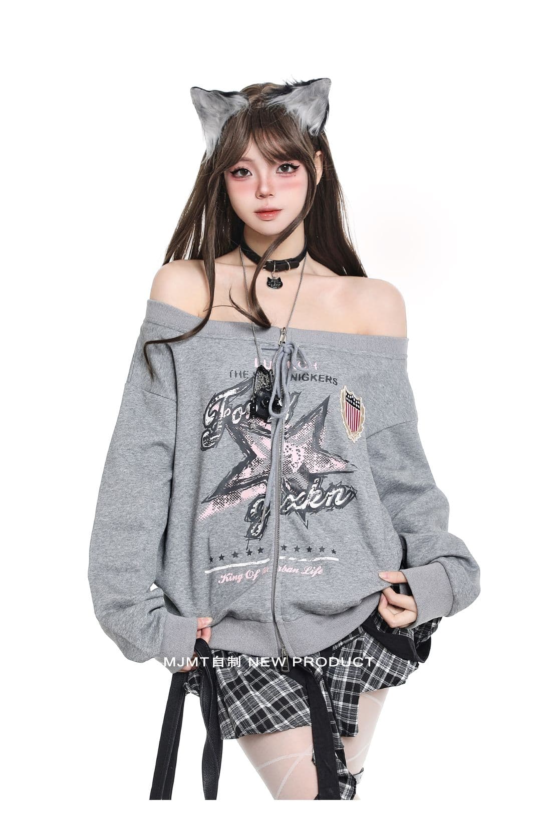 아메리칸 레트로 학원 스타일 별 프린트 오프숄더 후드티 소녀 가을 느긋한 루즈핏 슬림해 보이는 카디건 코트