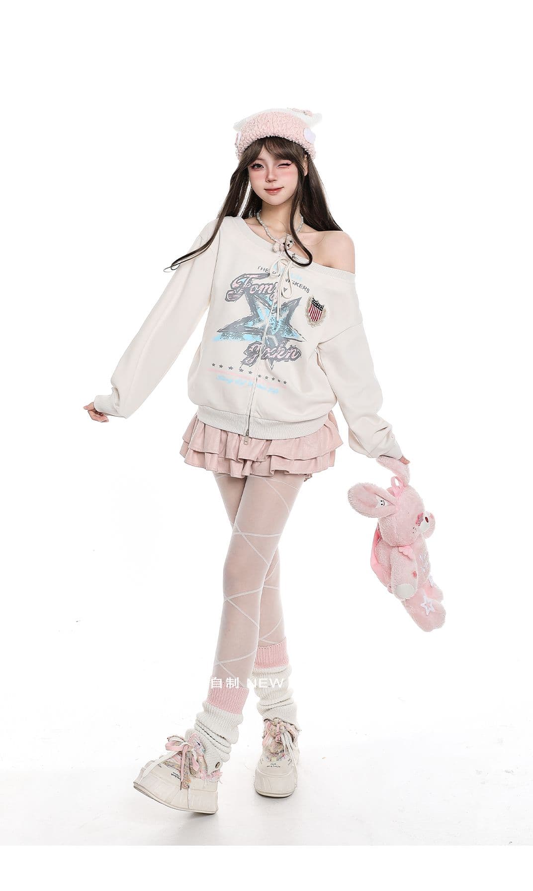 아메리칸 레트로 학원 스타일 별 프린트 오프숄더 후드티 소녀 가을 느긋한 루즈핏 슬림해 보이는 카디건 코트 상세 이미지 9
