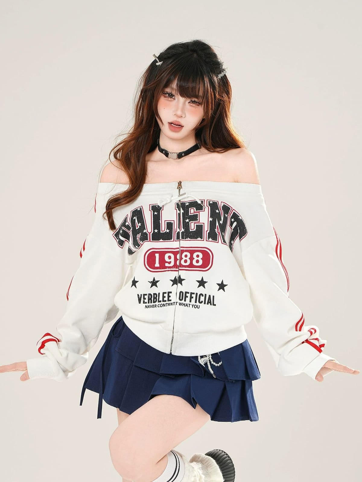 아메리칸 핫걸 바 기사 오프숄더 지퍼 후드티 여성 이른 가을 착용 가져 가라. 디자인 센스 캐주얼 운동 바람 저지 맨위 상세 이미지 1