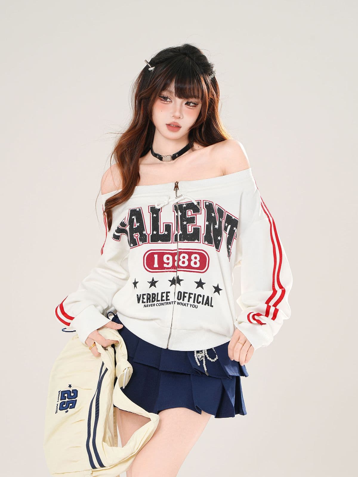 아메리칸 핫걸 바 기사 오프숄더 지퍼 후드티 여성 이른 가을 착용 가져 가라. 디자인 센스 캐주얼 운동 바람 저지 맨위 상세 이미지 6