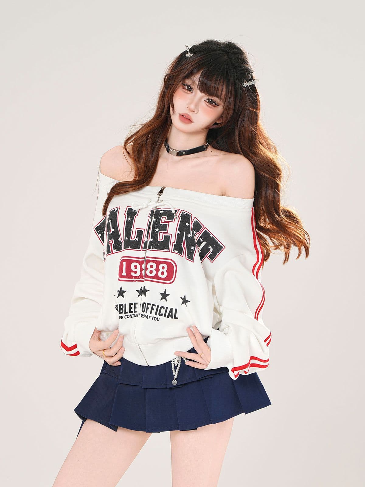 아메리칸 핫걸 바 기사 오프숄더 지퍼 후드티 여성 이른 가을 착용 가져 가라. 디자인 센스 캐주얼 운동 바람 저지 맨위 상세 이미지 7
