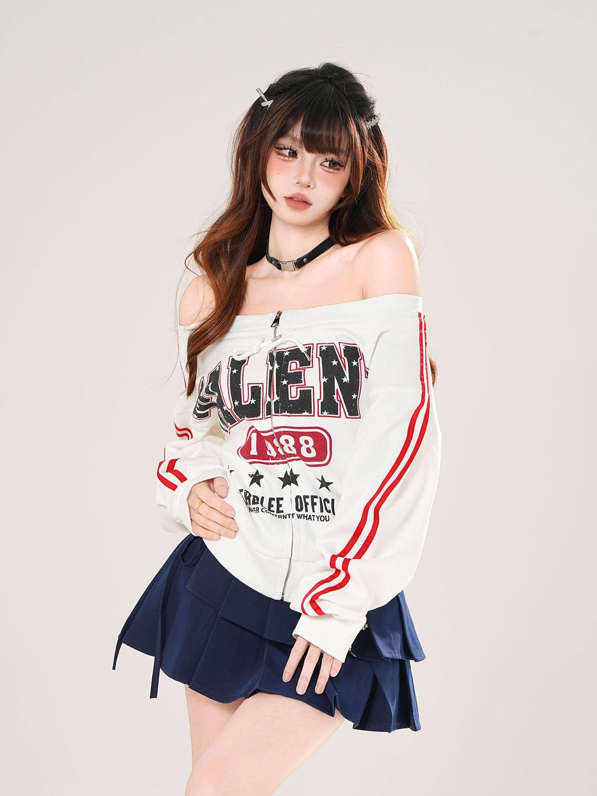 아메리칸 핫걸 바 기사 오프숄더 지퍼 후드티 여성 이른 가을 착용 가져 가라. 디자인 센스 캐주얼 운동 바람 저지 맨위 상세 이미지 8