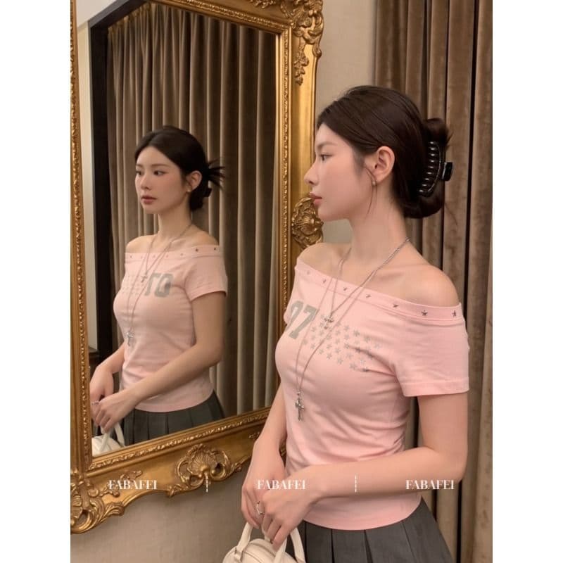 40 좋은 면 아메리칸 별 프린트 핑크색 비스듬한 어깨 반팔 티셔츠 여성 여름 달콤한 매운맛 오프숄더 맨위 이미지 2