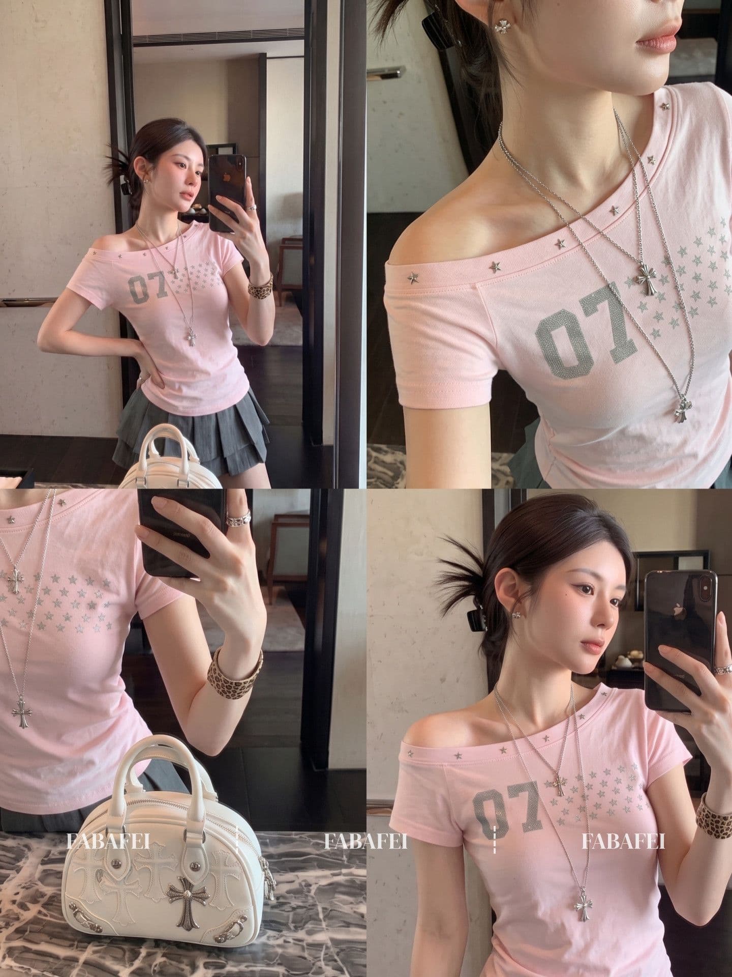40 좋은 면 아메리칸 별 프린트 핑크색 비스듬한 어깨 반팔 티셔츠 여성 여름 달콤한 매운맛 오프숄더 맨위 상세 이미지 1