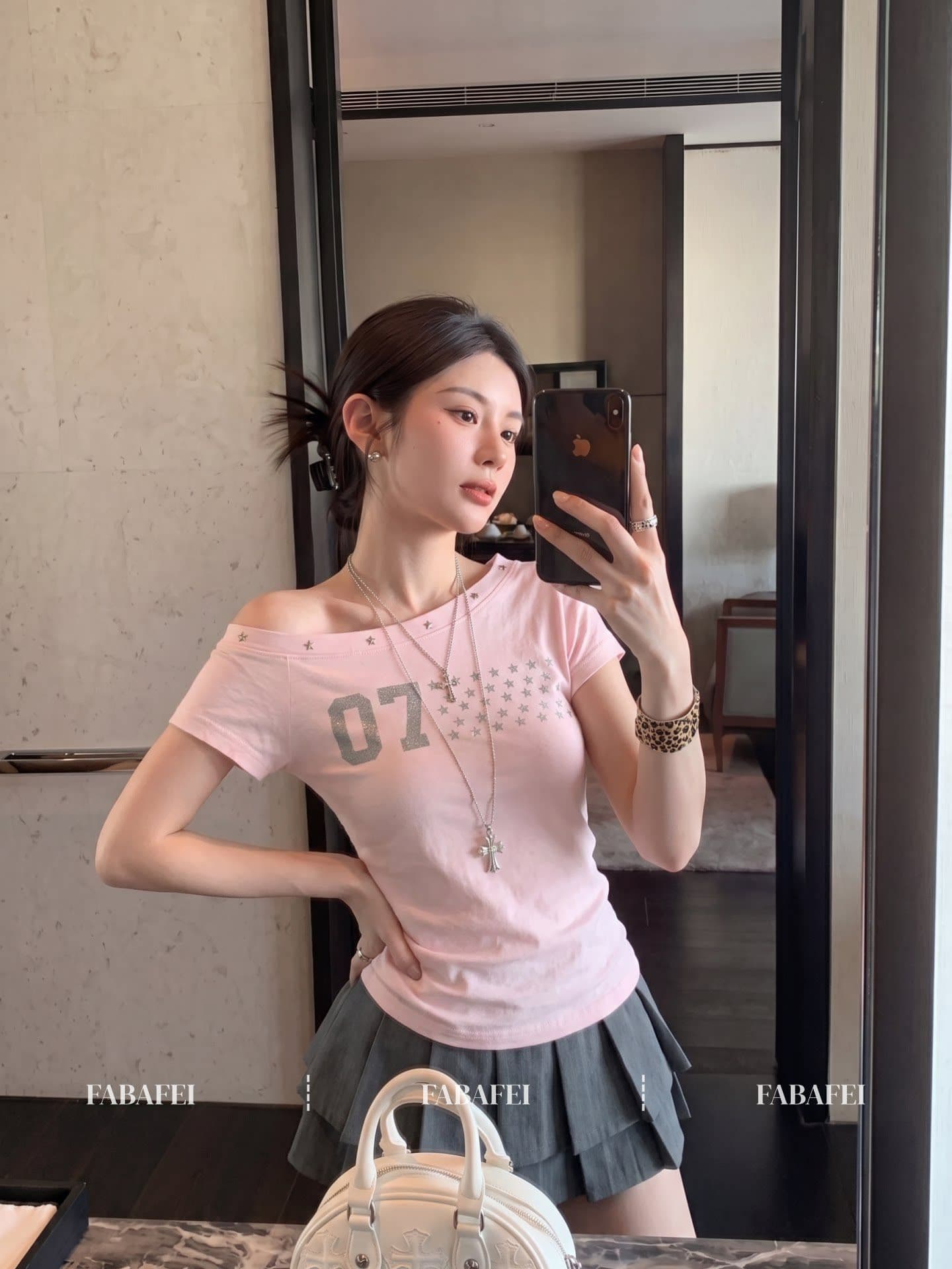 40 좋은 면 아메리칸 별 프린트 핑크색 비스듬한 어깨 반팔 티셔츠 여성 여름 달콤한 매운맛 오프숄더 맨위 상세 이미지 2