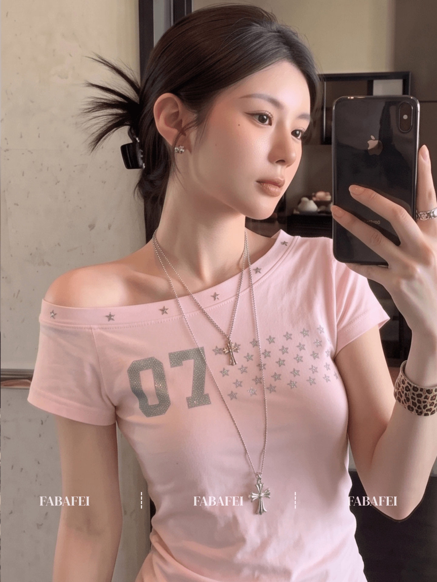 40 좋은 면 아메리칸 별 프린트 핑크색 비스듬한 어깨 반팔 티셔츠 여성 여름 달콤한 매운맛 오프숄더 맨위 상세 이미지 3