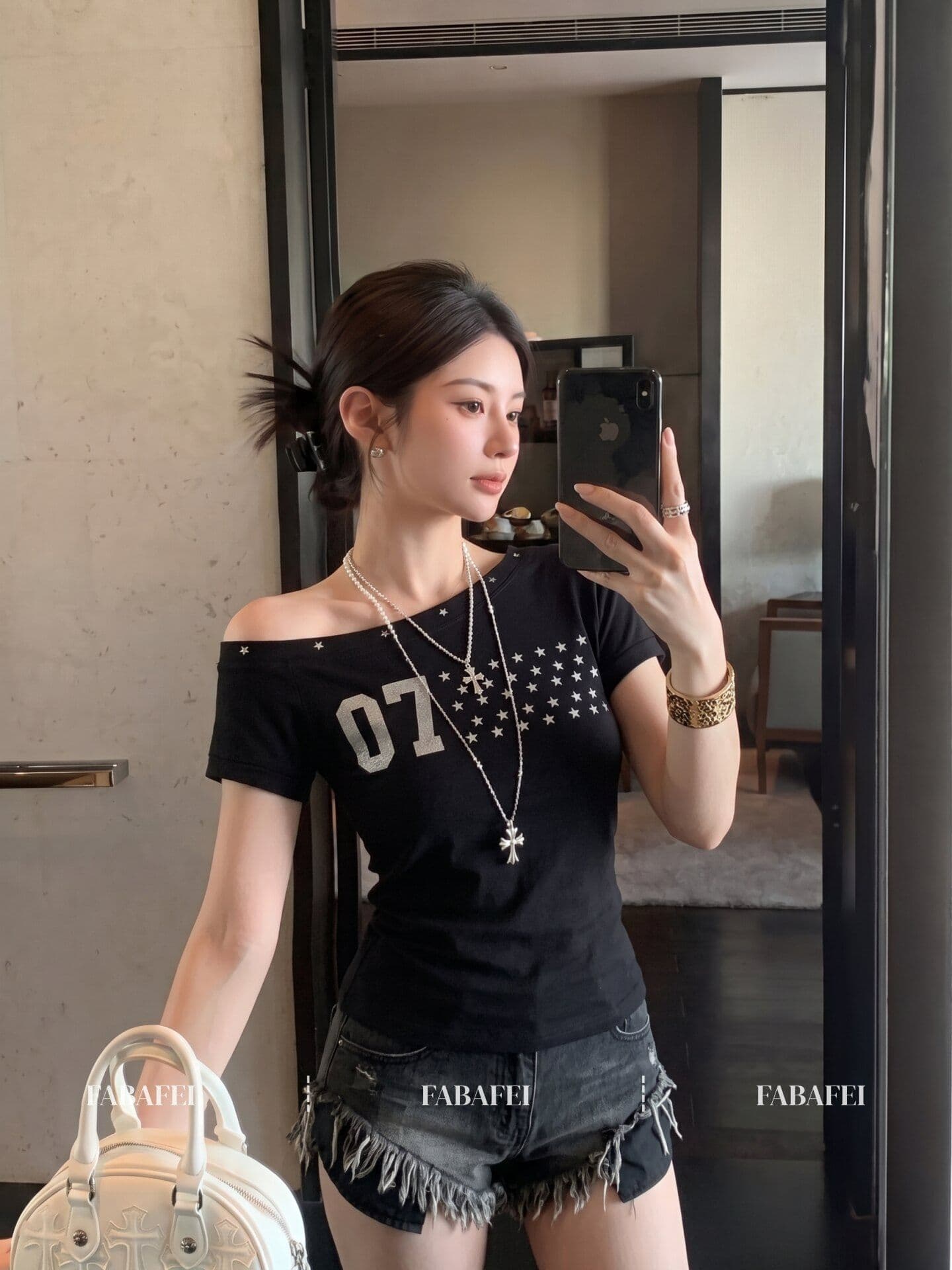 40 좋은 면 아메리칸 별 프린트 핑크색 비스듬한 어깨 반팔 티셔츠 여성 여름 달콤한 매운맛 오프숄더 맨위 상세 이미지 4