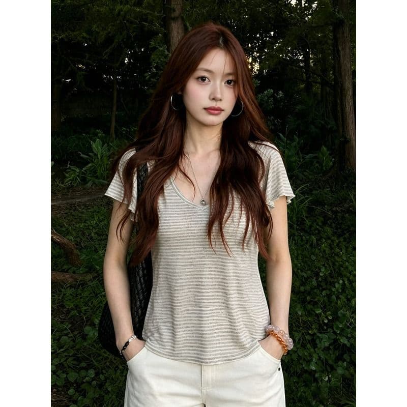 원본 주간 실크 리브 여름 품격 한 부서 V넥 회색 2 가지 색상 스트라이프 몸매 가꾸기 슬림해 보이는 티셔츠 맨위 여성