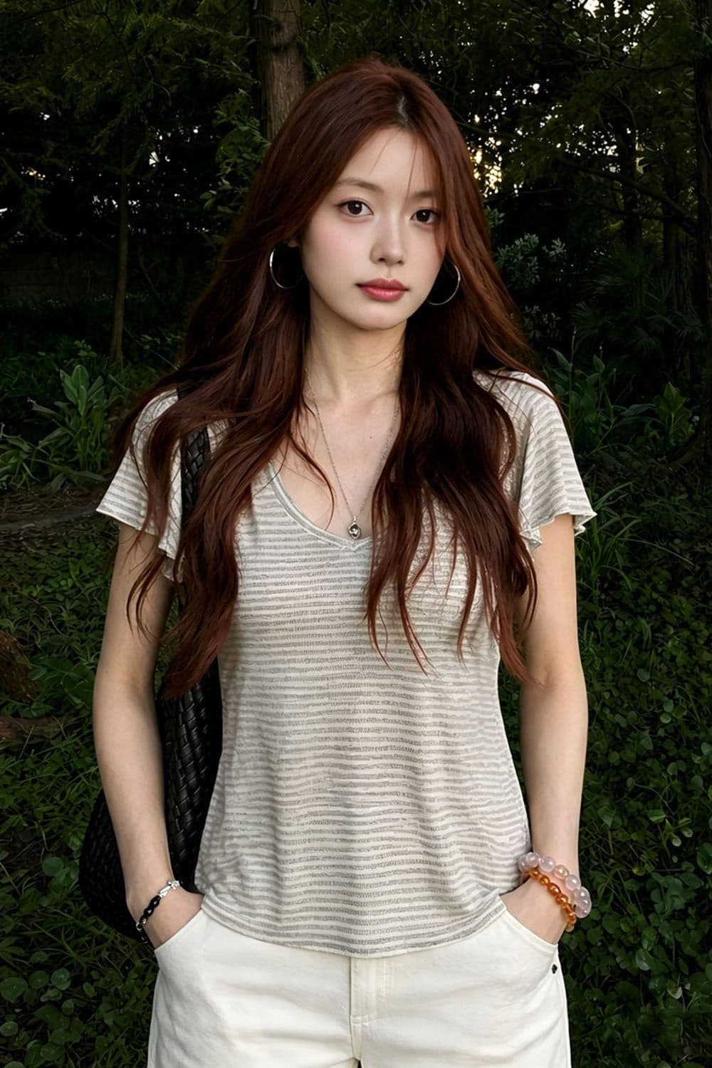 원본 주간 실크 리브 여름 품격 한 부서 V넥 회색 2 가지 색상 스트라이프 몸매 가꾸기 슬림해 보이는 티셔츠 맨위 여성 상세 이미지 1