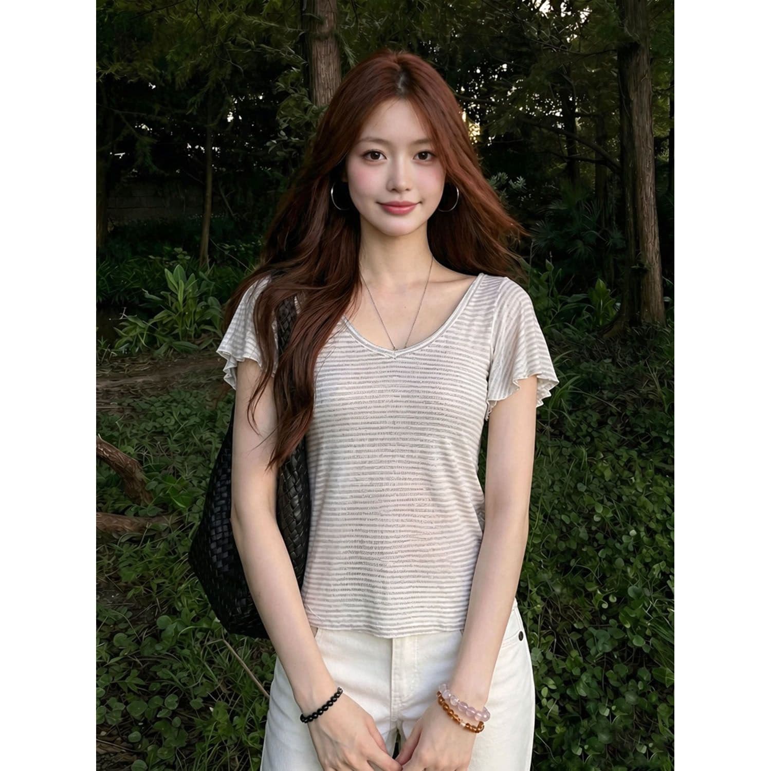 원본 주간 실크 리브 여름 품격 한 부서 V넥 회색 2 가지 색상 스트라이프 몸매 가꾸기 슬림해 보이는 티셔츠 맨위 여성 상세 이미지 2