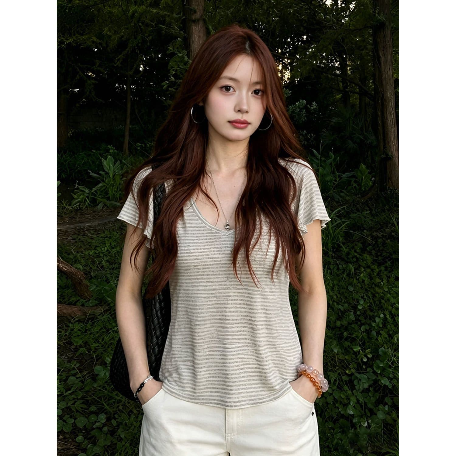 원본 주간 실크 리브 여름 품격 한 부서 V넥 회색 2 가지 색상 스트라이프 몸매 가꾸기 슬림해 보이는 티셔츠 맨위 여성 상세 이미지 5