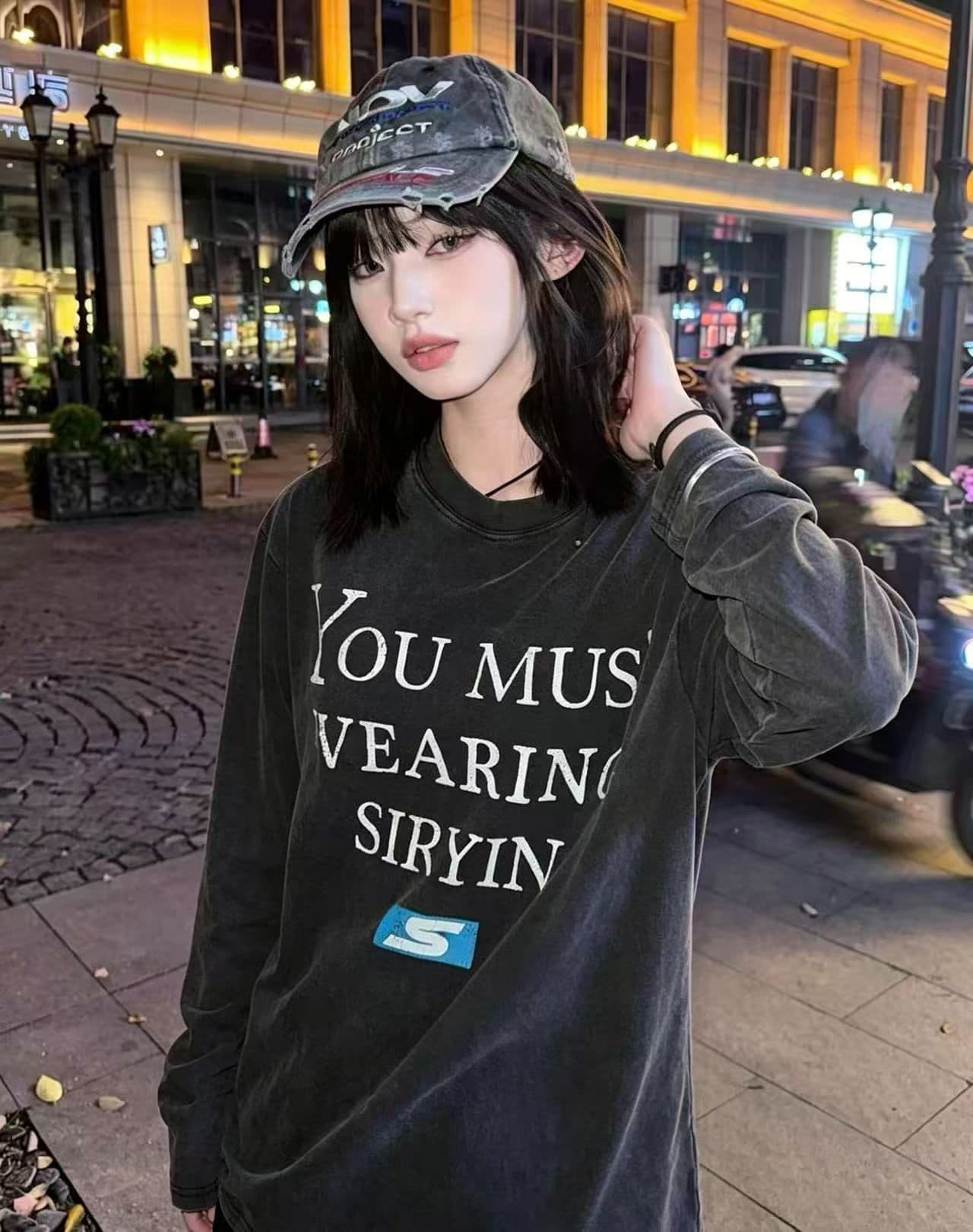 순면 230 크 워싱 마 오래된 프린트 긴팔 티셔츠 여성 이미지 4