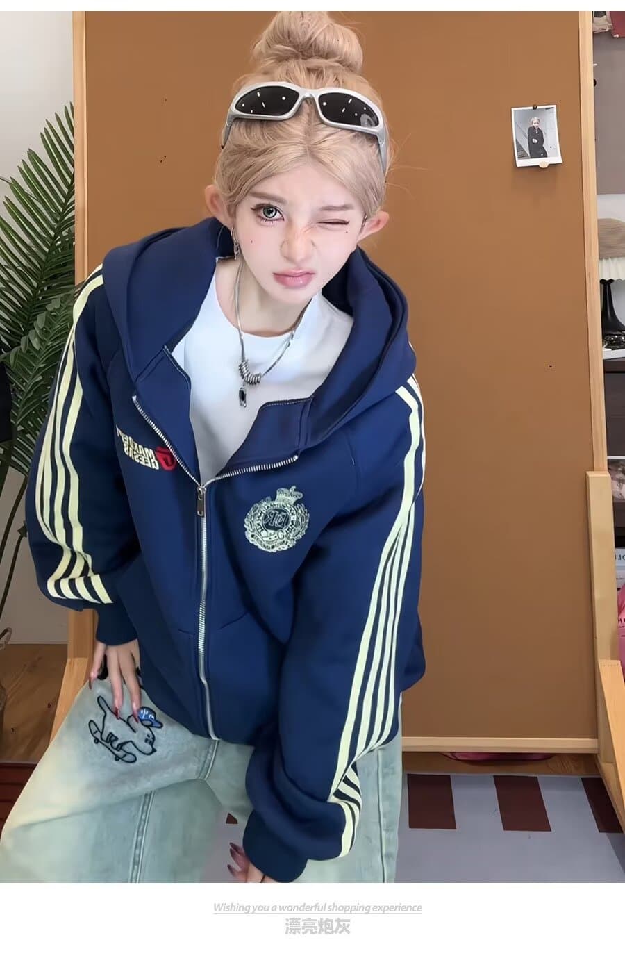 아메리칸 레트로 스트라이프 자수 오픈 가디건 후드 티 스웨터 남녀 가을 루즈핏 커플룩 운동 재킷 트렌디 맨위 상세 이미지 2