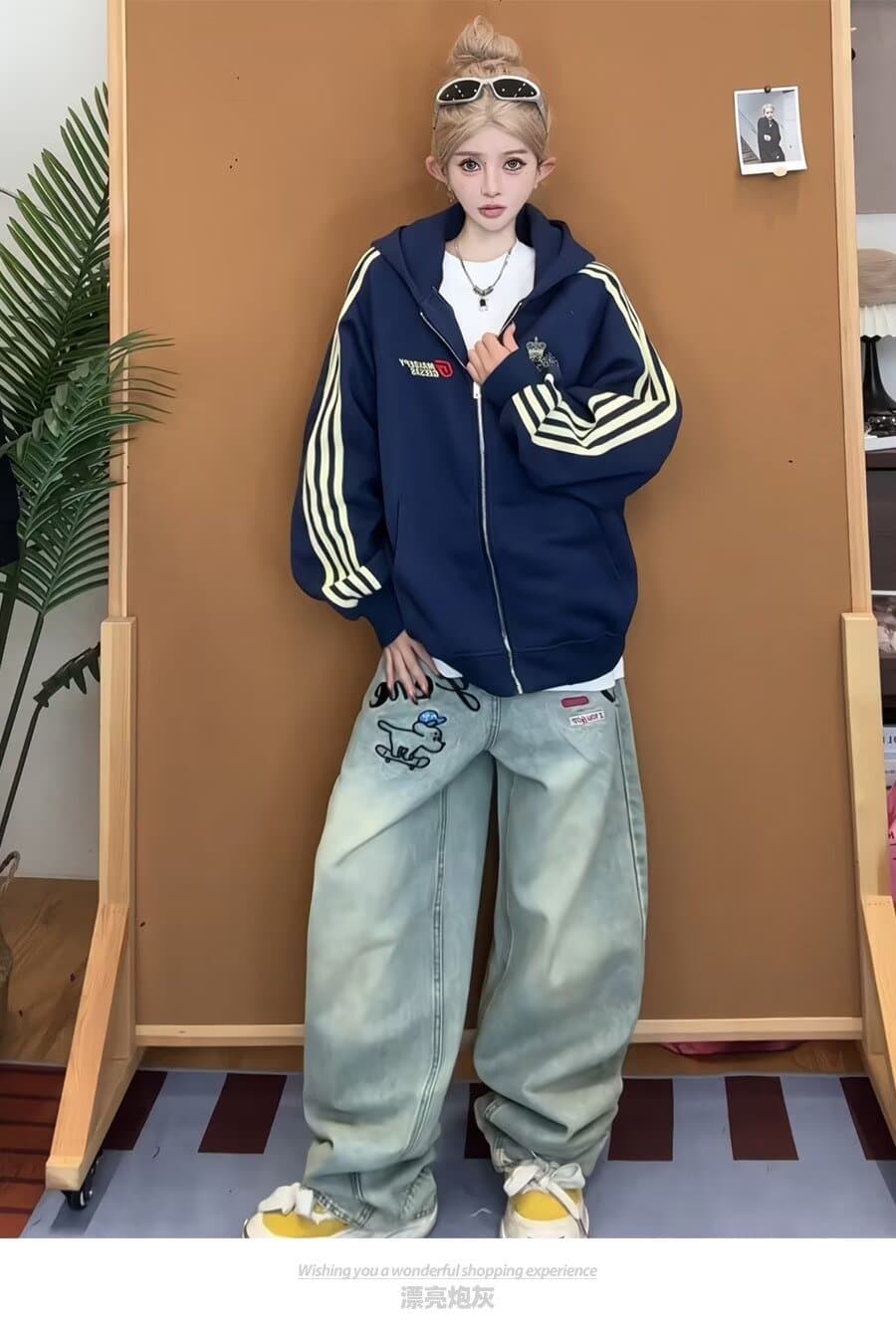 아메리칸 레트로 스트라이프 자수 오픈 가디건 후드 티 스웨터 남녀 가을 루즈핏 커플룩 운동 재킷 트렌디 맨위 상세 이미지 7