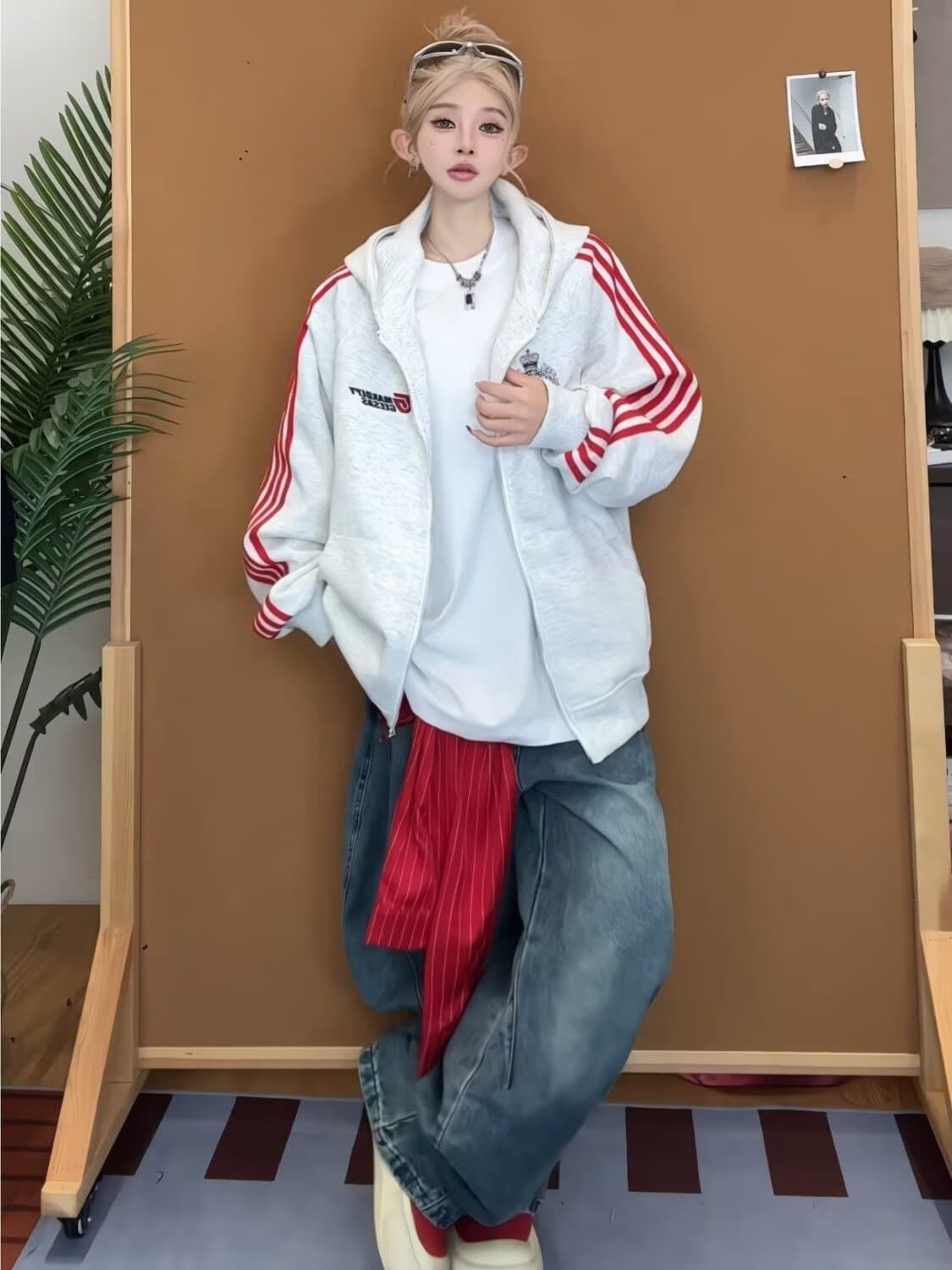 아메리칸 레트로 스트라이프 자수 오픈 가디건 후드 티 스웨터 남녀 가을 루즈핏 커플룩 운동 재킷 트렌디 맨위 상세 이미지 8
