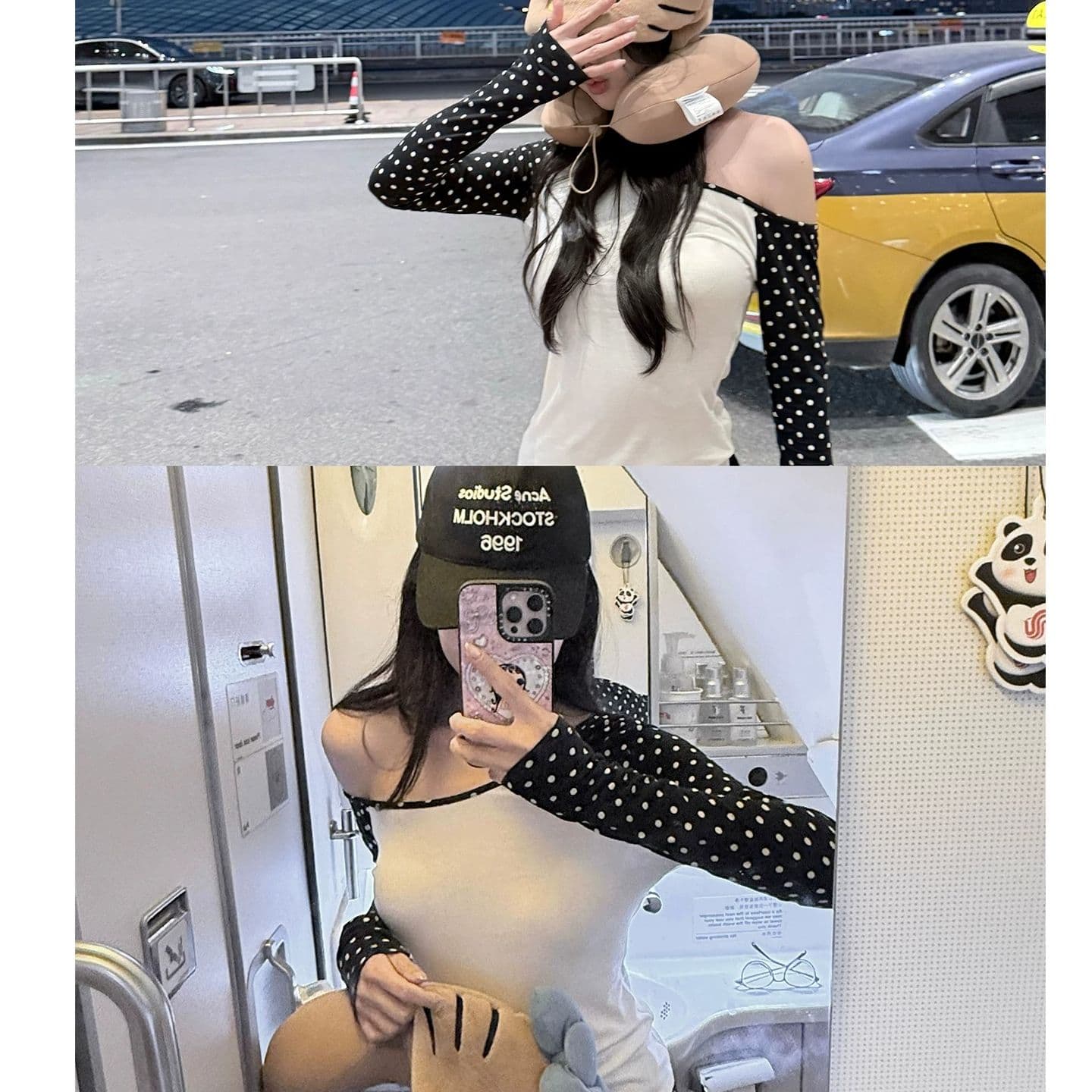 라이 경기 서울 삼색 도트 무늬 비스듬한 어깨 긴팔 티셔츠 여성 몸매 가꾸기 슬림해 보이는 디자인 센스 맨위 이미지 5