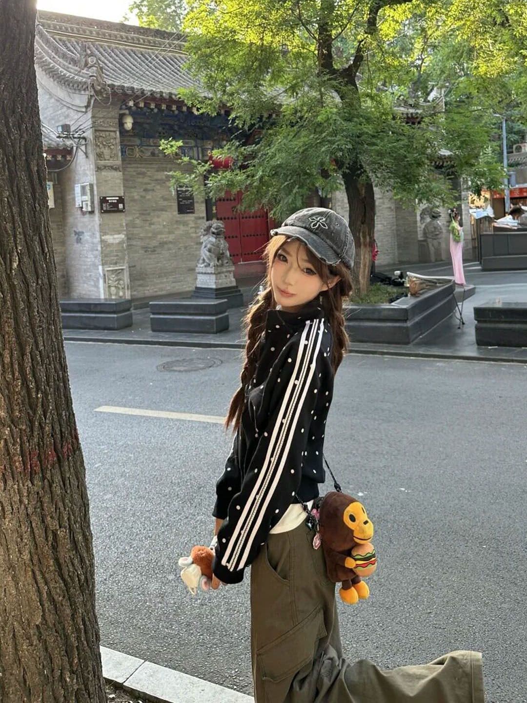 아메리칸 레트로 전체 인쇄 도트 무늬 스탠드 칼라 쇼트 스타일 재킷 2026 가을 오픈 가디건 후드티 여성 코트 이미지 2