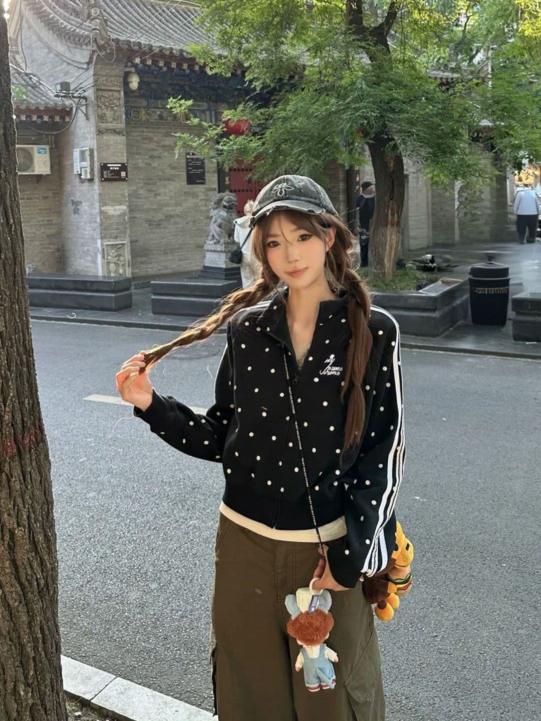 아메리칸 레트로 전체 인쇄 도트 무늬 스탠드 칼라 쇼트 스타일 재킷 2026 가을 오픈 가디건 후드티 여성 코트 상세 이미지 2
