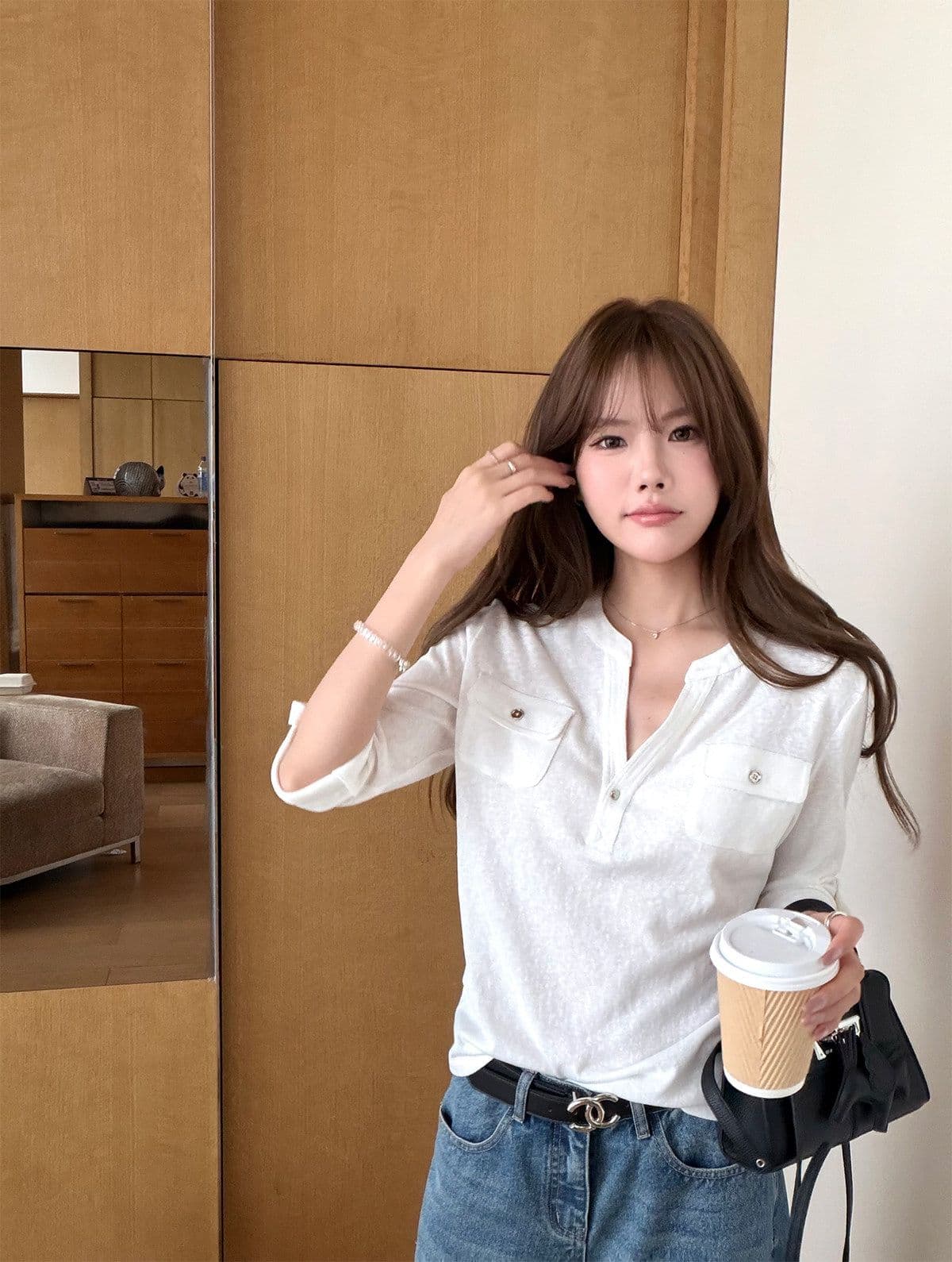 눈꽃 면 느슨함 basic 현재 문제 chao 사랑 높음 비율 부드럽다 면 편안함 통기성 중간 소매 티셔츠 여성 상세 이미지 5